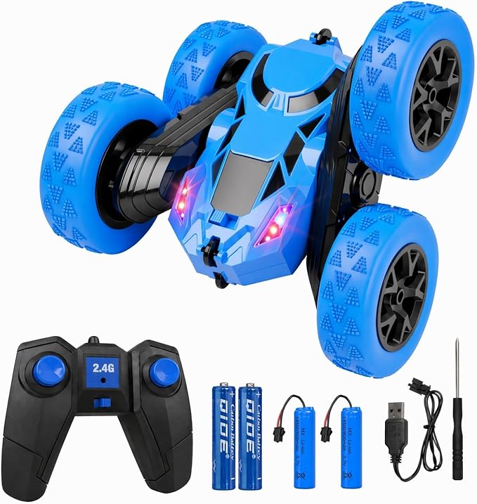 2.4GHz Remote Control Stunt Car for Boys 6-12, 360° Rotating Twin Motors Double Sided Off Road Vehicle, 4WD Rock Climbing Truck with LED Lights, 2 Rechargeable Batteries, Blue