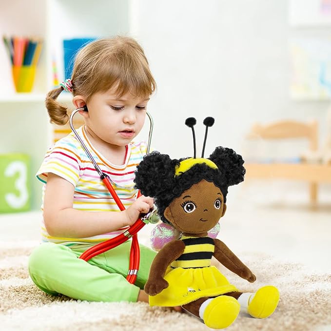 Black Baby Doll,Blacks Dolls African American Stuffed Toy,12” Rag Dolls for Girls Soft Gifts,Brown Doll Fairy Baby Toy plush toys for Christmas Birthday Party(SMALL-BLACK BEE)