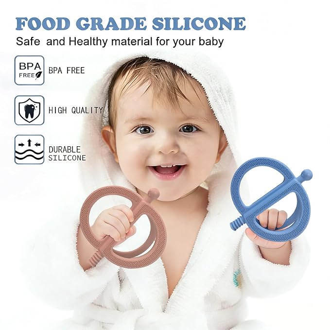SOLIFEGOBLE 2 Pack Baby Teething Toy for 0-24 Months, Food Grade Silicone Teether, Easy Grip Design to Soothe Gum Pain, BPA-Free, Freezable & Dishwasher Safe (Khaki+Light Blue)