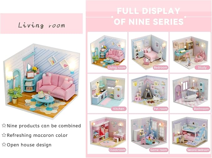 Kisoy Dollhouse Miniature with Furniture Kit, DIY 3D Wooden DIY House Kit A Corner of a Small Apartment Style with Dust Cover & LED, Handmade Tiny House Toys for Adults and Teens Gift（Living Room）