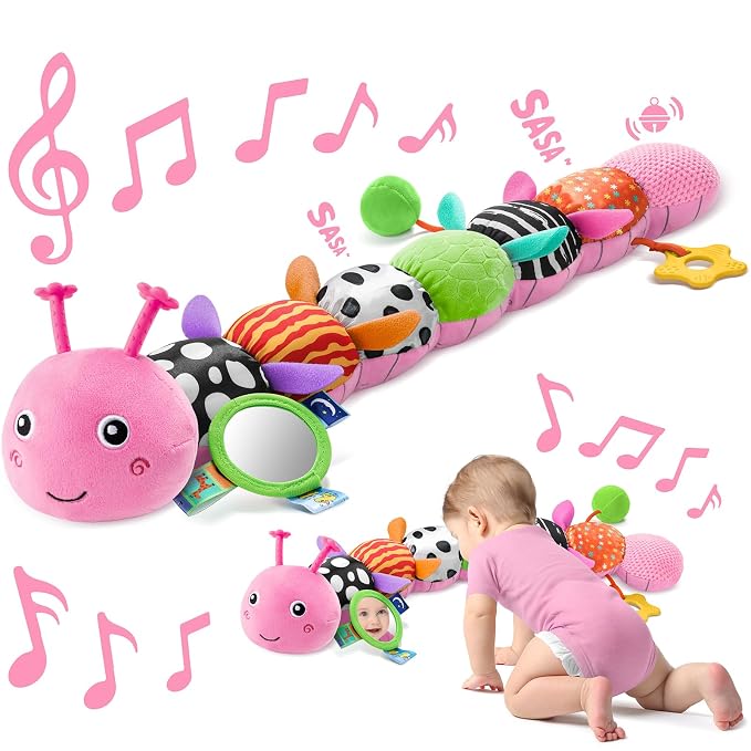 Sumobaby Baby Toys 0-6 6-12 Months,Music Caterpillar Plush Toy with Baby Mirror, Pull String&Crinkle Rattle,Infant Sensory Toys,Tummy Time for 0-3-6-12 Month Boys Girls Newborn Gifts (Pink-Leaf)