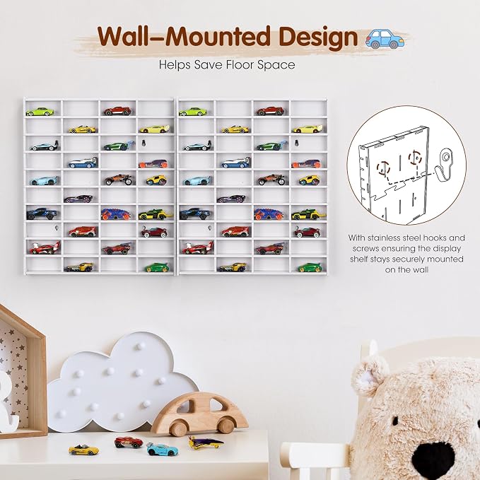 Krafetto 2 Pack Toy Car Display Shelf, Holds 80 Diecast 1/64 Toy Cars, Wall Mount Model Car Storage Organize Case, White