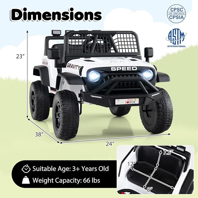 Costzon Ride on Truck, 24V Ride on Toys for Kids, Electric Vehicle with Parent Remote Control, Music, Horn, LED Headlights & Spring Suspension, Kids Car for Boys & Girls Aged 3+ (24V,White)