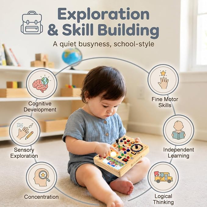 RichBoy Montessori Toy Busy Board for 1-3 Year Old Toddlers, 37-in-1 Sensory Toy with 24 LED Lights, Educational Travel Toy for Airplane Car Rides, First Birthday for Boys Girls (School 6.7" X 5.3")