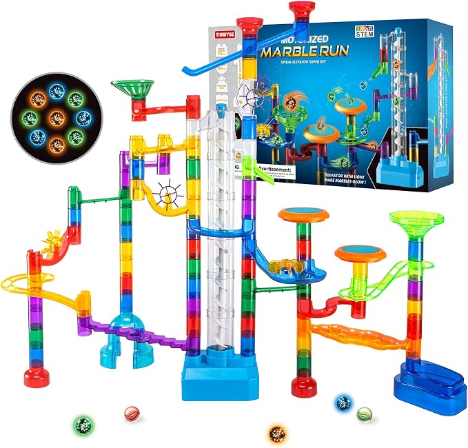 152pcs Glowing Marble Run Kit with Double Tracks Motorized Spiral Lift,2 Stunt Trampolines,30 Glow in The Dark Plastic Marbles & More. Building Project Toys, STEM Gifts for Boys&Girls.