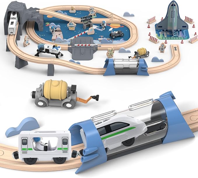 82 Pcs Wooden Train Set for Toddlers, Magnetic Train with Track for Kids Ages 3-6, Compatiable with Major Brands, Space Railway Playset Gifts for Boys and Girls Ages 3+