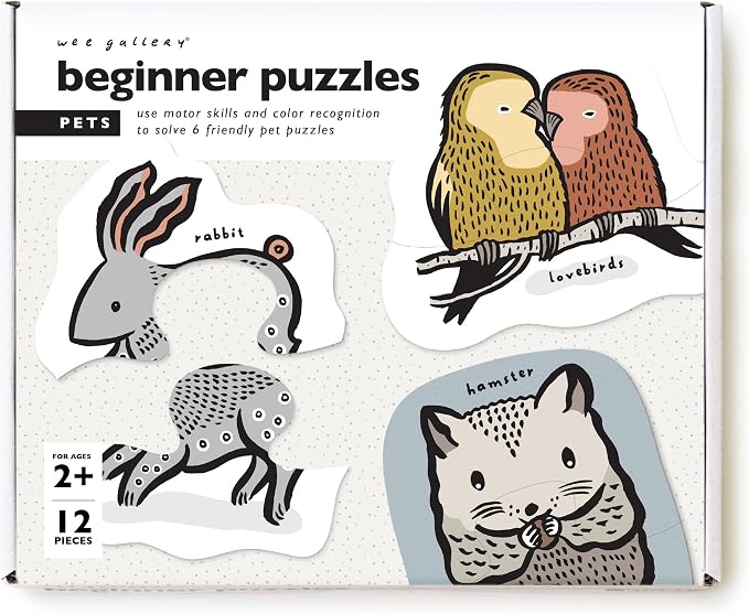 Wee Gallery Pets Beginner Puzzle Set - Jigsaw Puzzles for Toddlers - Sensory Toys Promoting Cognitive & Motor Development - Sustainable Learning Toys for Toddler, Young Kids (12 Pieces, 6 Puzzles)