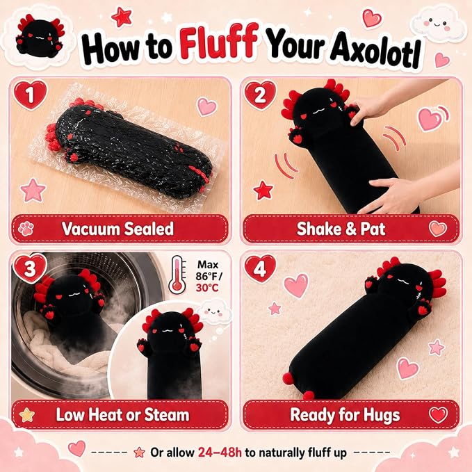 Long Axolotl Stuffed Animals 19.7inch, Soft Long Axolotl Plush Pillow Cute Axolotl Plush Body Pillow Gifts for Kids Girlfriend, Black&Red