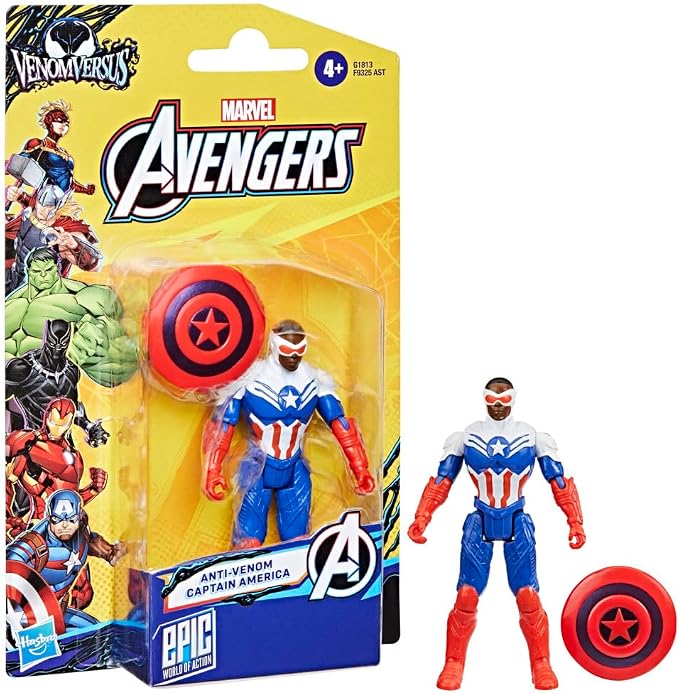 Marvel Avengers VenomVersus Epic World of Action Anti-Venom Captain America Figure & Shield Accessory, 4-Inch (10 cm) Super Hero Toys for Kids Ages 4+