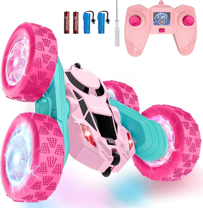 Hamdol Pink Remote Control Car for Girls, Double Sided with Shining Headlights & Wheel Lights, Girl Princess Toys, Rechargeable Toy Car for 6-7 6-8 9 10-12 Year Old Girls Birthday, Valentines Gift