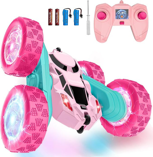 Hamdol Pink Remote Control Car for Girls, Double Sided with Shining Headlights & Wheel Lights, Girl Princess Toys, Rechargeable Toy Car for 6-7 6-8 9 10-12 Year Old Girls Birthday, Valentines Gift