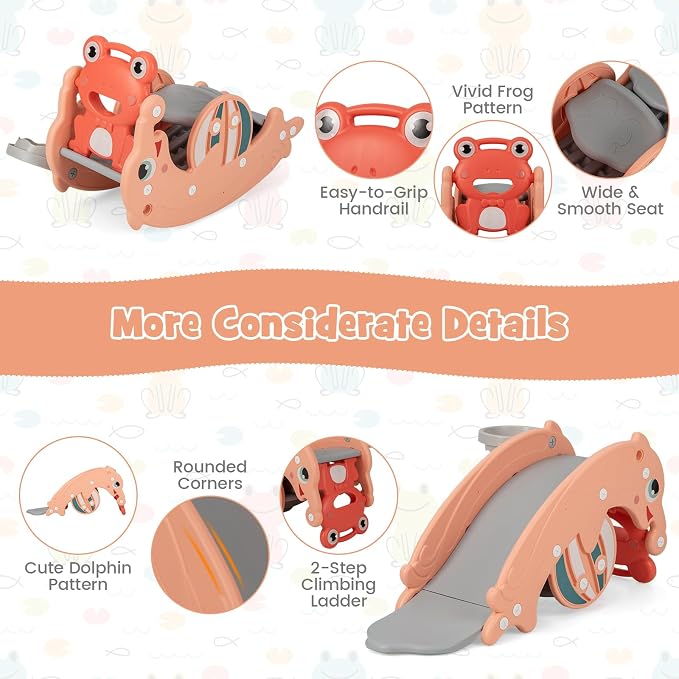 Costzon 4 in 1 Toddler Slide Rocking Toy, Slide for Kids with Basketball Hoop, Rocking Horse, Climber Playground Kids for Both Indoors Outdoor Use (Pink Frog)