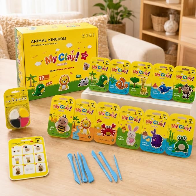 Air Dry Clay Kit, 12 Animals Kingdom Modeling Clay for Kids, DIY Model Magic Clay with Tools&Idea Cards, Soft&Non-Sticky, Safe&Non-Toxic Magic Clays, Creatible Art Crafts Toys Gifts for Boys Girls
