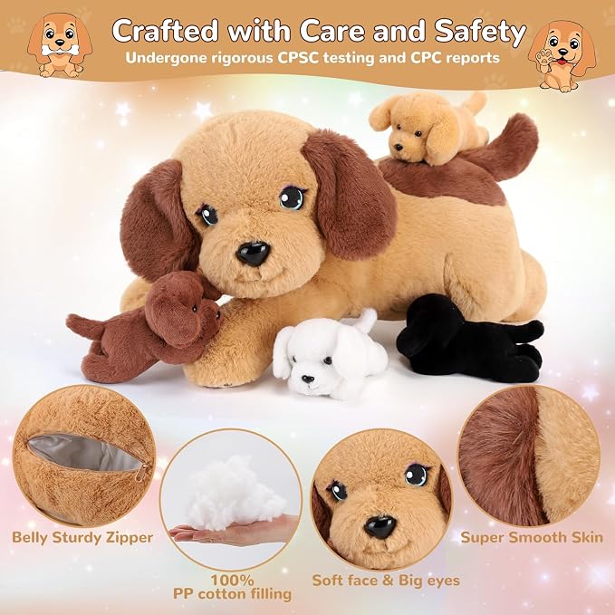 gnomantic Dog Stuffed Animals with Babies Inside, Mommy Toy for Kids | 5-Piece set: 1 mommy dog + 4 baby puppies inside. Unzip belly to reveal surprise babies. Ultra-soft, ages 3-8.