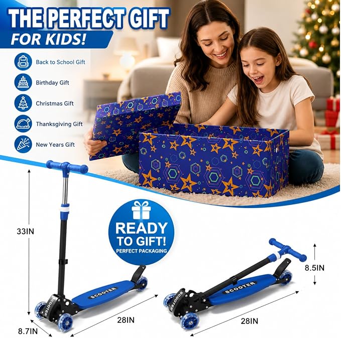 Kids Kick Scooter for 3-12,Lean-to-Steer 3 Wheel Scooter for Beginners with Light-Up Wheels,3 Adjustable Handlebar 27.5"–33",6-Inch Wide Deck,Rear Foot Brake,Foldable Scooter for Boys & Girls