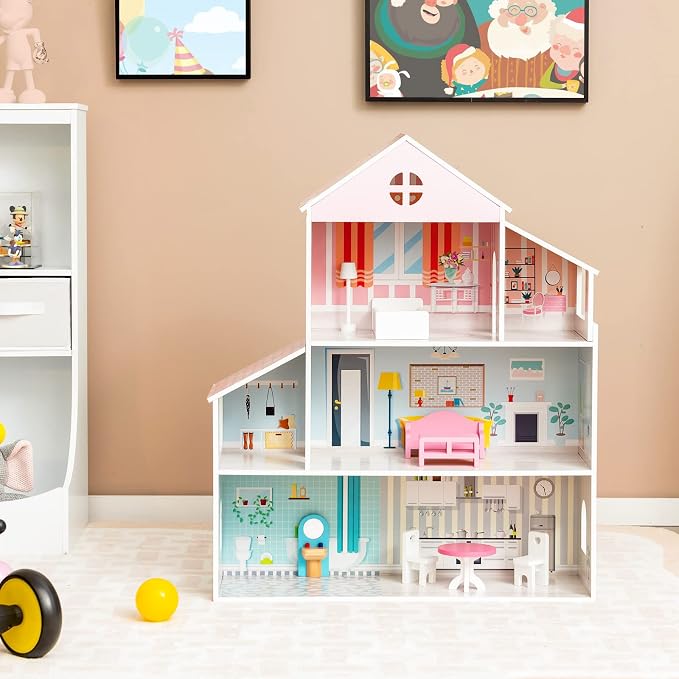 HONEY JOY Dollhouse with 8 Pcs Furniture, 3-Level Wooden Doll House, Pretend Play Kids Doll’s House, Princess Mini Toy House Furniture Playset, Gift for Little Girls(Pink, 2.8 FT)