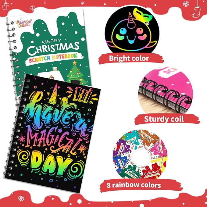 Scratch Paper Art Party Favors for Kids 8-12: 24 Pack Christmas Rainbow Scratch Art Notebook, Christmas Coloring Books Goodie Bags Stuffers for Kids, Bulk Classroom Gifts for Student