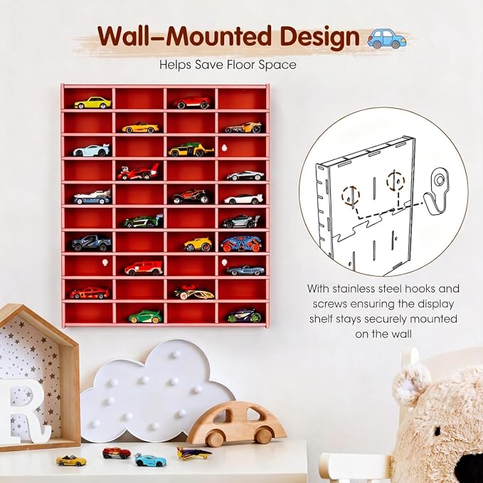 Krafetto Toy Car Display Shelf, Holds 40 Diecast 1/64 Toys Car, Wall Mount Model Cars Storage Organize Case (red 1/64 Toy Car Display Shelf)