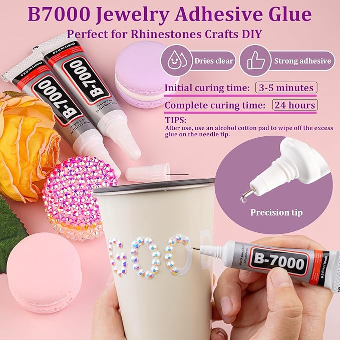 Resin Jelly Rhinestones for Crafting with B7000 Jewelry Glue, 1 Box White AB Flatback Crystal with 3Pcs 10ml Glue, Bedazzling Non Hotfix Gems for DIY Tumblers Clothing Shoes Manicure