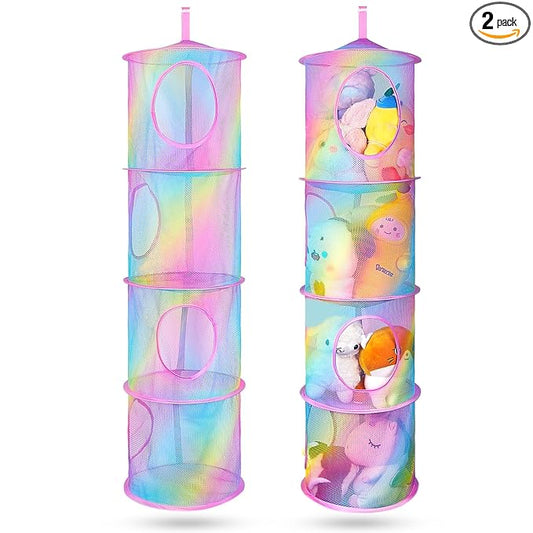 Basumee Stuffed Animals Net or Hammock 2 Pcs Stuffed Animals Storage Toy Net Hammock for Plushies Storage Organizer Mesh Kids Girls Room Decor, Rainbow, 4 Tiers