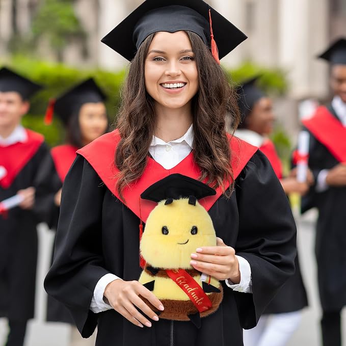 Chubby Smiling Bee Plush Toy with Doctoral Cap - Adorable Graduation - Inspired Stuffed Animal, Perfect Graduation Gift for Students (8 Inch)