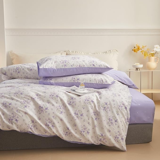 Purple Floral Comforter Set King Soft Fluffy Microfiber Garden Floral Bedding Comforter Set Chic Shabby Flowers Printed Comforter with 2 Pillowcases Vintage Botanical Comforter Set All Season King
