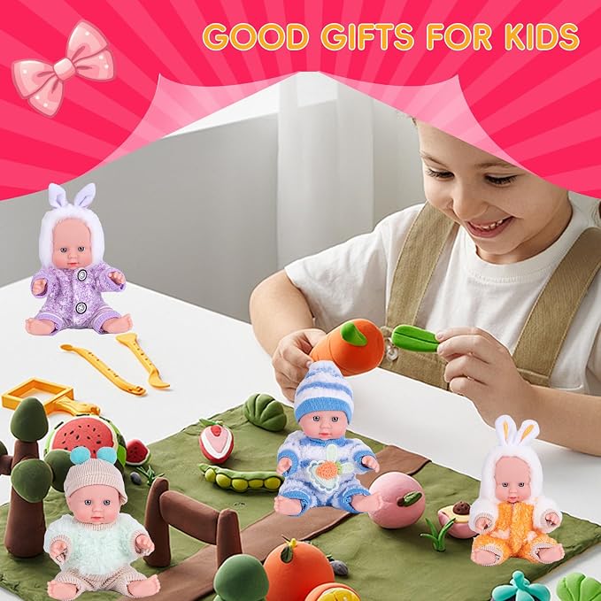 Vueos 4 Pcs 7 Inch Baby Doll Playset with 4 Adorable Clothes, Mini Reborn Baby Dolls Nursery Toys for Toddlers Girls Kids 3+