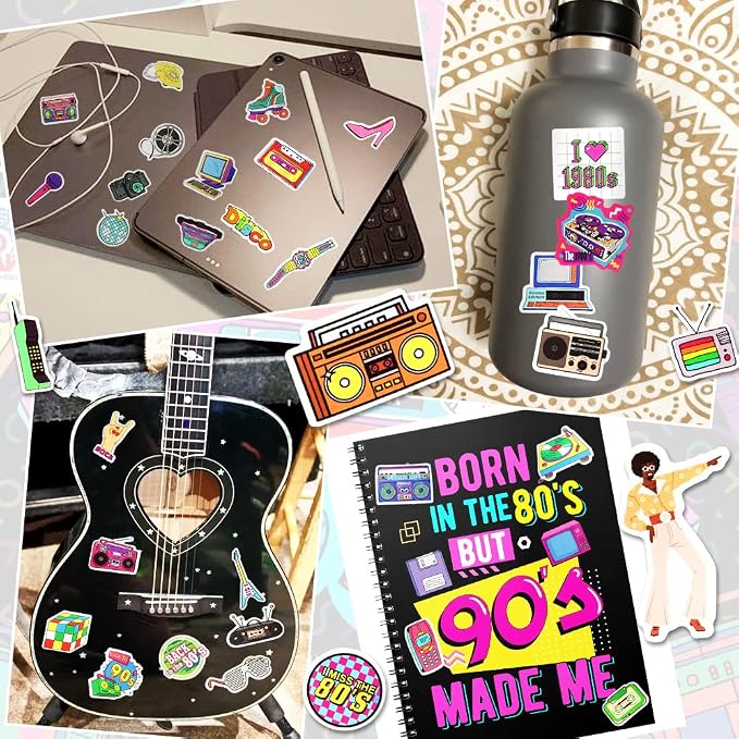 QTL 80s and 90s Stickers for Adults, Retro Waterproof Vinyl Stickers, Party Supplies and Vintage Decorations, Water Bottle and Laptop, 70PCS