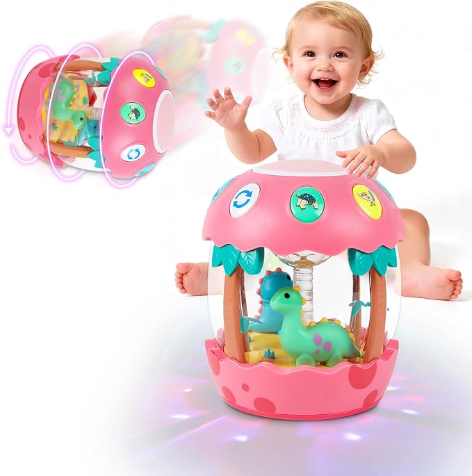M SANMERSEN Baby Girl Toys, Dinosaur Rotating Light Up Musical Baby Toys for 12-18 Months Newborn Infant Crawling Tummy Time Toys, Birthday Easter Gifts for Baby Girls- Pink