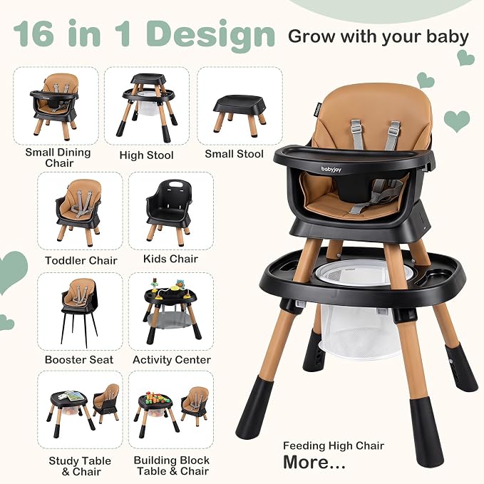 BABY JOY 16 in 1 High Chair, Convertible Baby Highchair for Babies and Toddlers with Activity Center, Booster Seat, Building Block Table, Toddler Chair with Safety Harness, Removable Tray (Coffee)