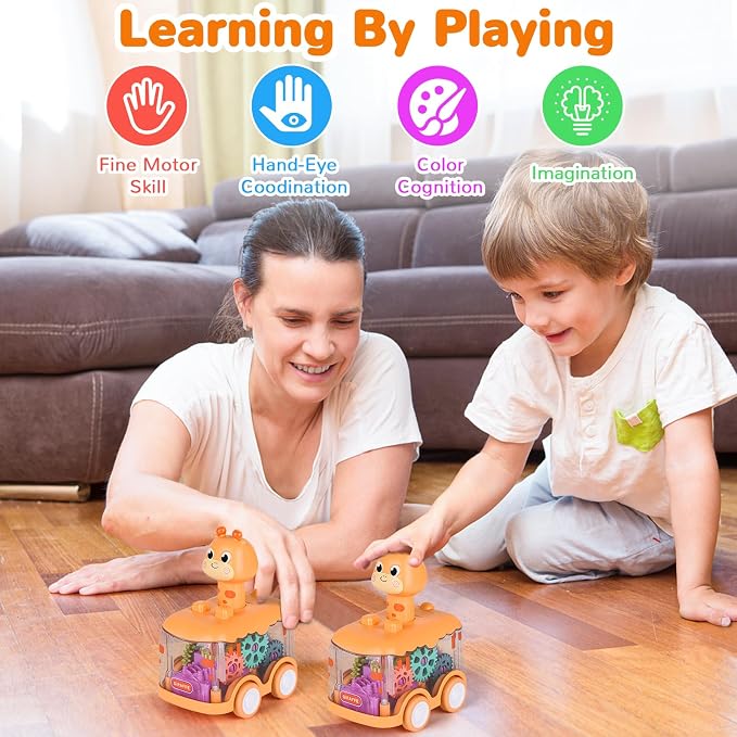 ShinySong Press and Go Car for Toddlers, 2 Pack Light Up Baby Animal Car Toys with Visible Gears, Birthday Gifts for Boys Girls, Giraffe 2PCS