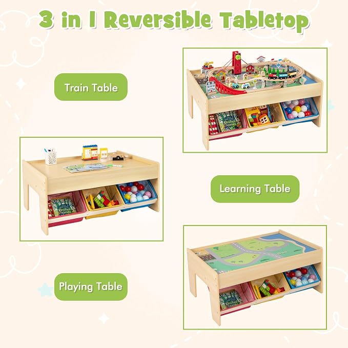INFANS Train Table with Storage, 94 Pieces Wooden Kids Activity Toy Table Playset with 3 Foldable Boxes Reversible Detachable Tabletop, Tracks, Train, Railway, Gift for Toddler Boys Girls Ages 3+