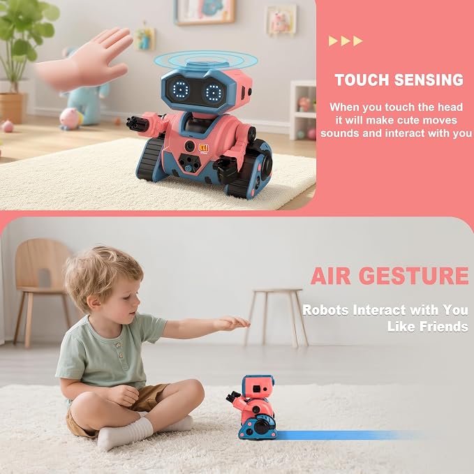 BYTEWAR Interactive Smart Robot Toys, Rechargeable Remote Control Emo Robot with Learning Gesture Sensing, Auto-Demonstration, Music and Dance, Shining LED Eyes, Robot Toy for Kids 3-5(Pink)