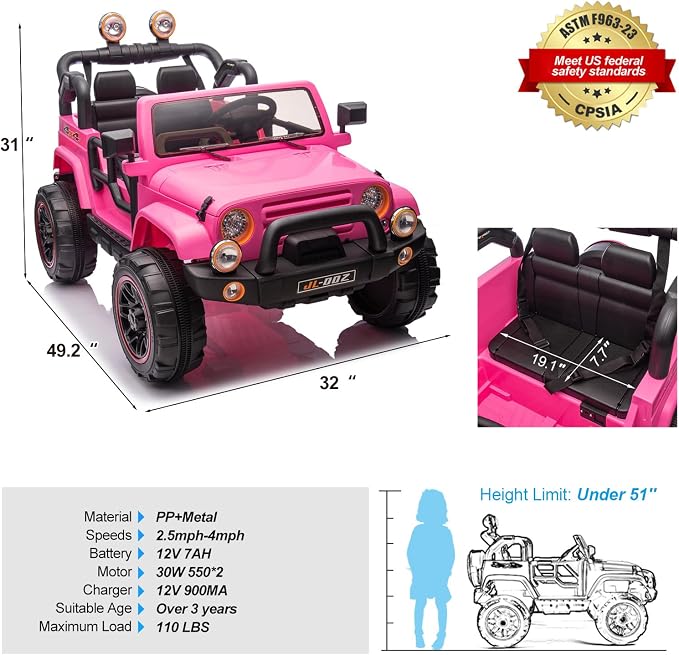 2 Seater Ride On Truck and Car Cover, 12V Children's Electric Car with Parental Remote Control, Music, Bluetooth, MP3 Player, LED Lights, Spring Suspension, Pink