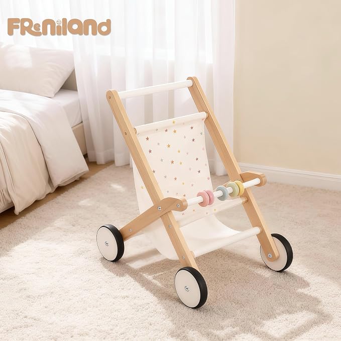 Freniland Wooden Baby Doll Stroller, Toddler Push Walker Toy, Doll Push Cart for Boys & Girls, Learning to Walk & Pretend Play Toy 18M+