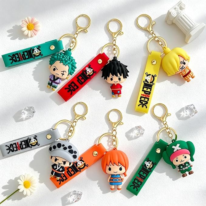 6Pcs OP Anime Keychain Set, Fun Cartoon Figures Keyring, Cute Collectible Pendant Keys Gift for Men Women Lovers