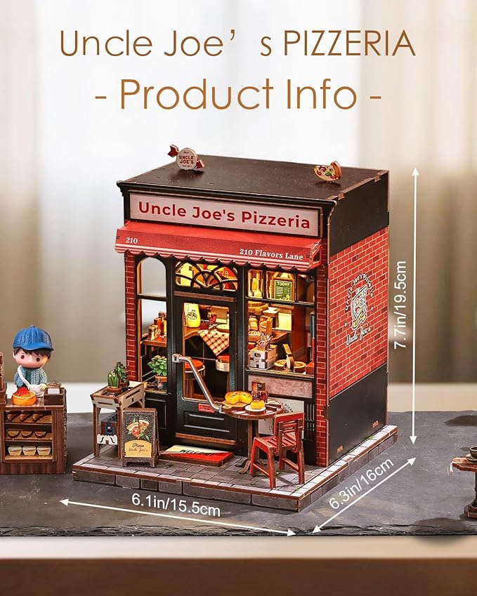 Cutefun Book Nook Kit - DIY Miniature Pizza Shop Booknook Kits for Adults and Teens, 3D Wooden Puzzle Bookend Bookshelf with LED Light, Creative Crafts Gifts for Beginners (Uncle Joe's Pizzeria)