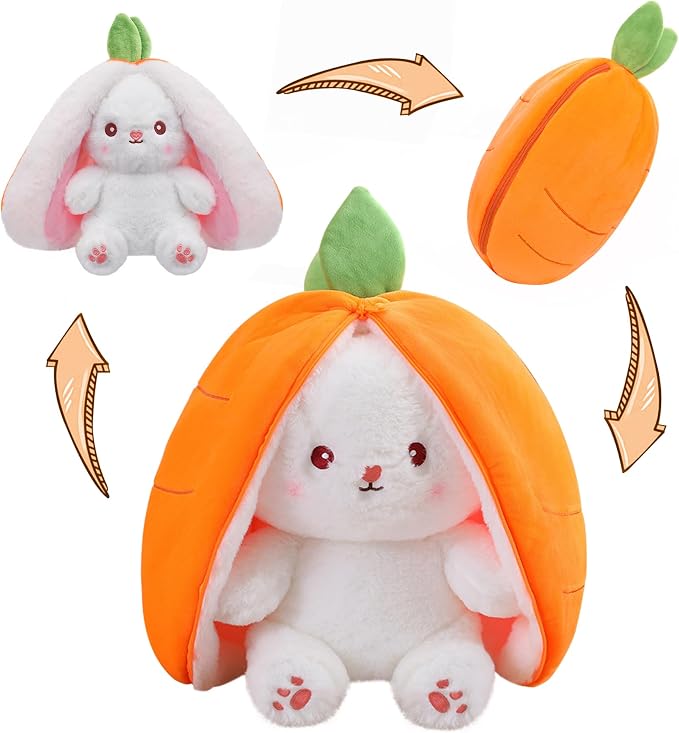 MIAODAM Cuddly Bunny Stuffed Animal, Kawaii Squishy Cute Easter Bunny Plush Turn Into Rabbit Fruit Doll Carrot Strawberry, Plushies Funny Bunny Toy for Kid (Carrot Rabbit, 10inch)