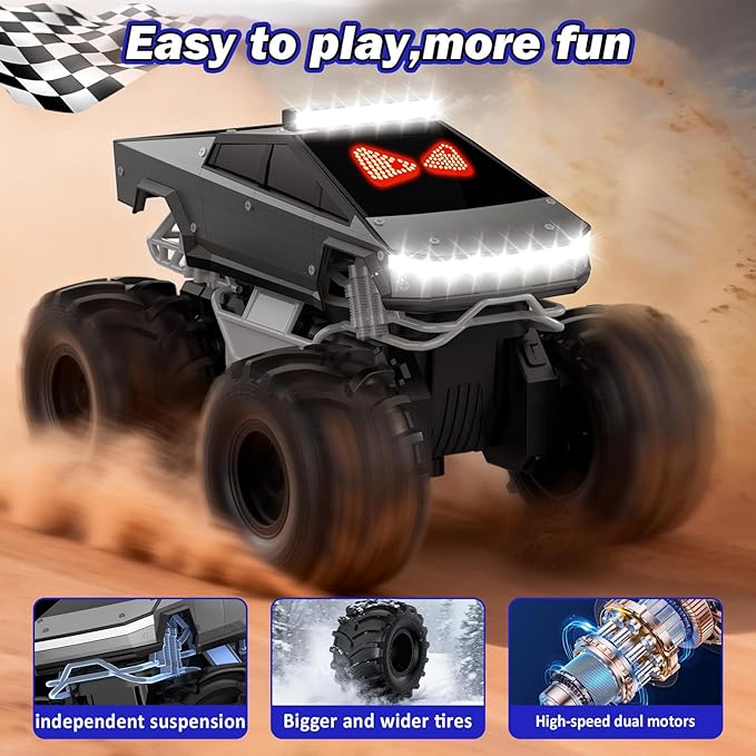 Remote Control Car with LED Dynamic Eyes, 1:18 Amphibious RC Cars, 4WD All Terrain Pickup, 2.4GHz Waterproof Cyber Truck, 360° Rotatable Monster Truck Toys for Boys Birthday Gifts Age 6 7 8 9+(Grey)