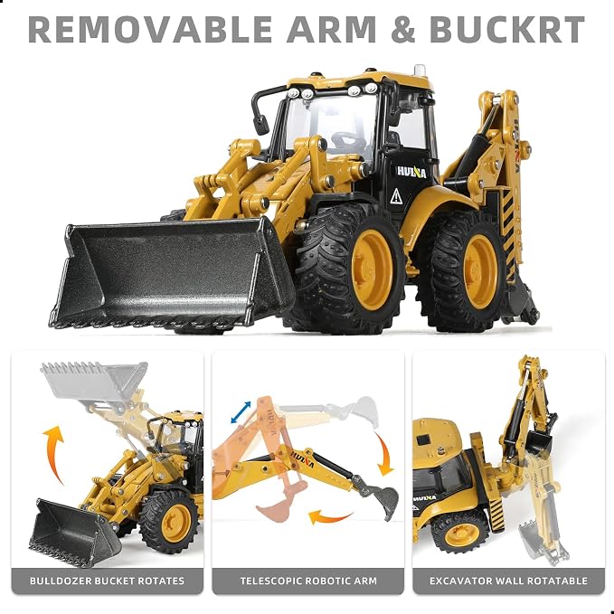 Excavator Backhoe Toys, 1/50 Metal Die-cast Excavator Front Loader Bulldozer Construction Vehicle Model Decoration Gifts for Kids Grandkids Christmas Birthday