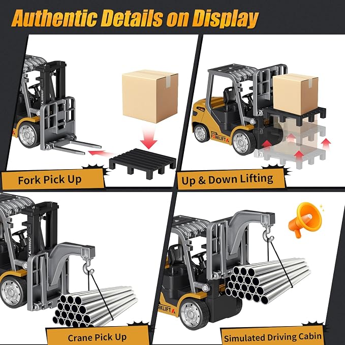 Mini Forklift Remote Control 1:64 RC Forklift Toy, 2.4GHz Construction Vehicle with LED Music, Variable Speed 2-in-1 Transformable Lift Fork & Hook, Includes 4 Road Barriers, Gift for Kids & Adults