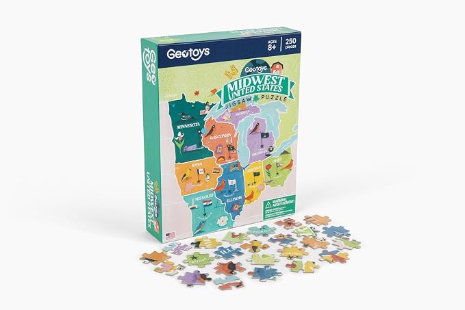 Geotoys Midwest Region Jigsaw Puzzle - Educational and Interactive Map Game - 250 Piece Puzzles - Jigsaw Puzzles for Kids Ages 8-12 - Kids Puzzle Games with Colorful Landmarks