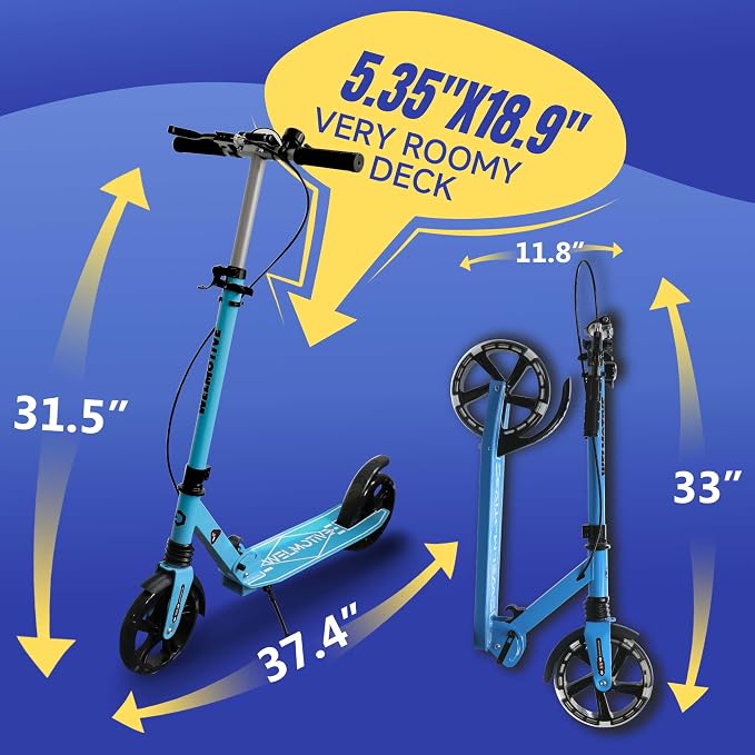 Kick Scooter for Kids Ages 8+ Teens & Adults, with Front handbrake and Rear Brake, and Adjustable Handlebars, Big Sturdy PU Flash Wheels Great Gift & Toy