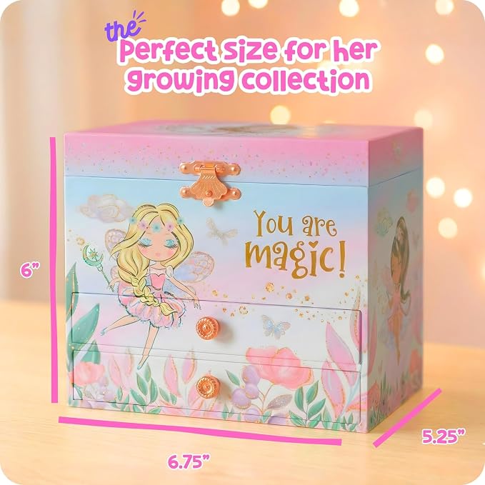 Giggle & Honey Musical Fairy Jewelry Box for Girls - Kids Music Box with Spinning Fairy and Mirror, Princess Birthday Gifts for Little Girls, Childrens Jewelry Boxes for Ages 3-10 - 6.8 x 5.3 x 6 in