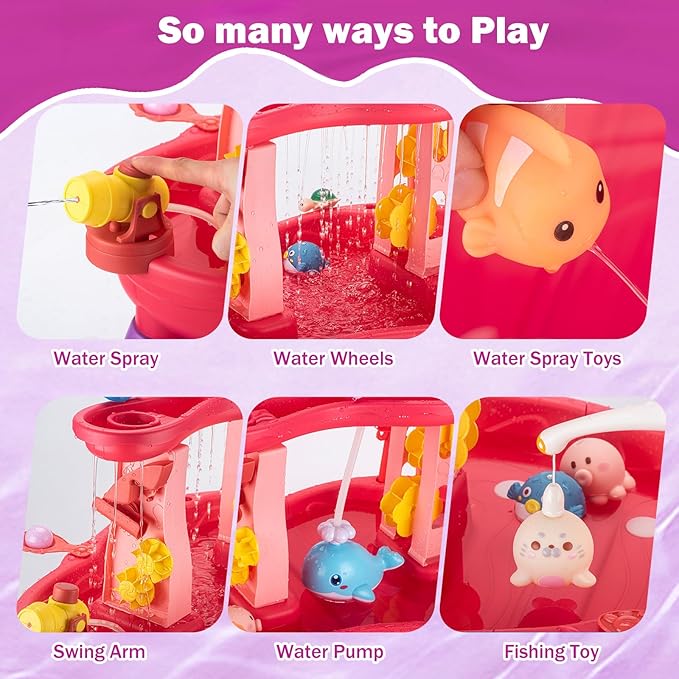 Water Table for Toddlers 3-5 with Umbrella Outdoor Toys for Kids Ages 4-8 Kids Sand Water Table with Fishing Game Set Activity Sensory Table with Water Pump Summer Beach Toys