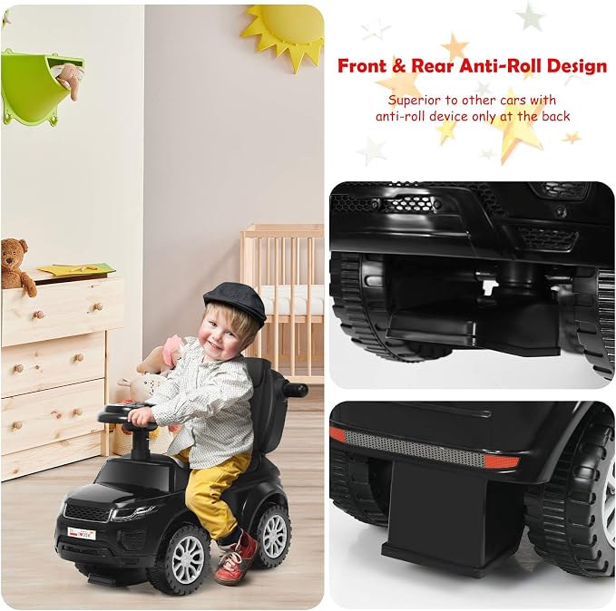 Costzon 3 in 1 Ride on Push Car, Stroller Sliding Walking Car with Horn, Music, Light, Under Seat Storage, Parental Handle, Armrest Guardrails, Ride on Toy for Boys & Girls (Black)