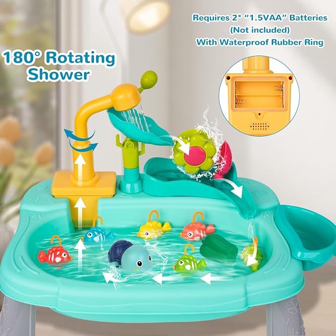 Mini Water Table for Toddlers, 360° Electric Faucet Play Sink with Fishing Game Running Water Play Sink with Fishing Play, Sensory Activity for 3+ year Olds, Perfect for Outdoor & Indoor Use
