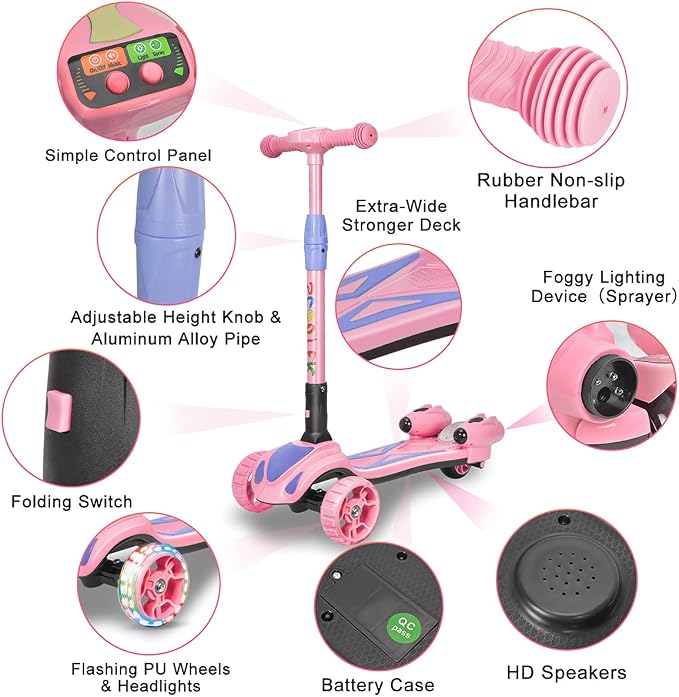 3 Wheel Scooter for Kids, Toddler Scooter with Bluetooth Music Speaker Steam Sprayer LED Lights Aluminum Alloy T-Bar, Folding Kick Scooters for Boys Girls Ages 3-10