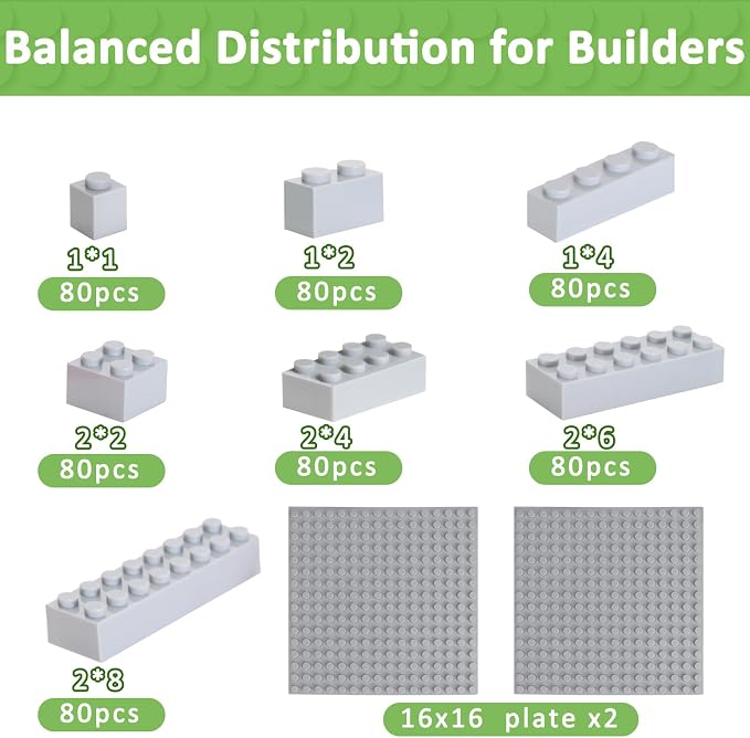 Cabeeskii 560 Pieces Gray Classic Building Blocks Bulk with 2 Base Plates, Building Bricks in 7 Size, Compatible with All Major Bricks, for Kids & MOC Lovers