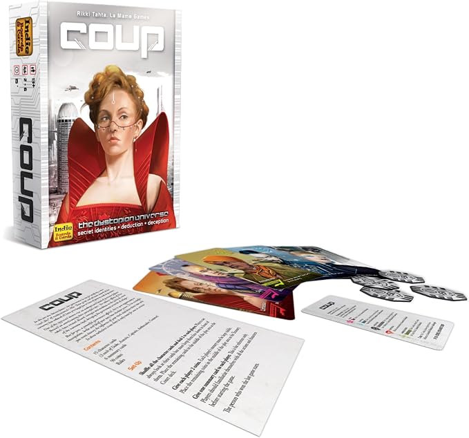 Coup Card Game by Indie Boards & Cards | Fast Bluffing and Social Deduction Strategy | Hidden Roles, Deception, and Player Interaction | Quick 15-Minute Game for 2–6 Players | Adults, Teens, Families